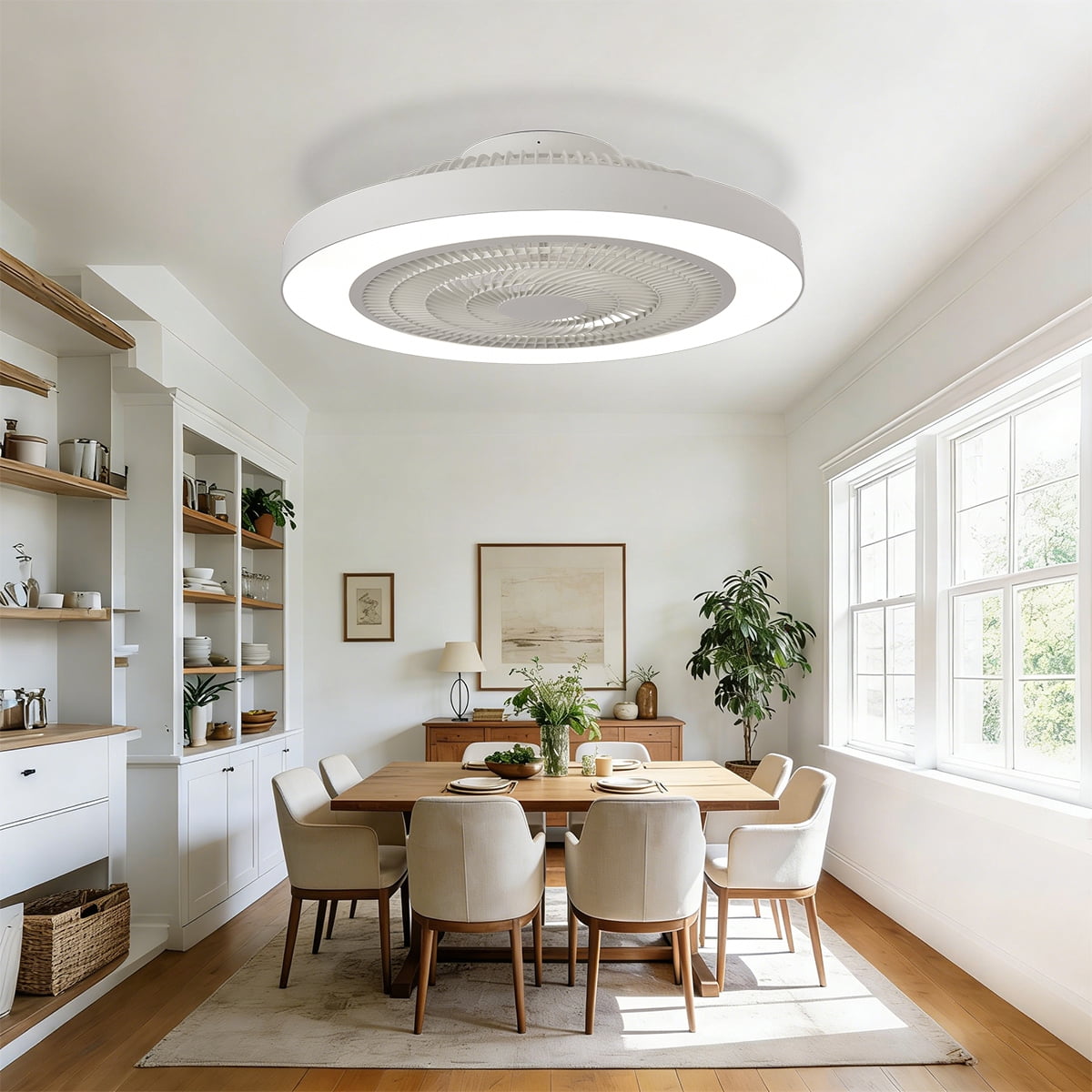 Ceiling Fan with Light, 19 inches LED Remote Control/APP Fully Dimmable Lighting Modes, Invisible Acrylic Blades Enclosed Semi Flush Mount Low Profile Reversible 6 Speed DC Motor Fan, White