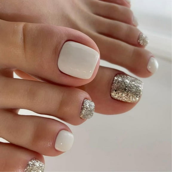 Press On Toenails Short Square Fake Toe Nails French Tips False Toenail on Toe Nails for Women 24pcs in 12 Sizes
