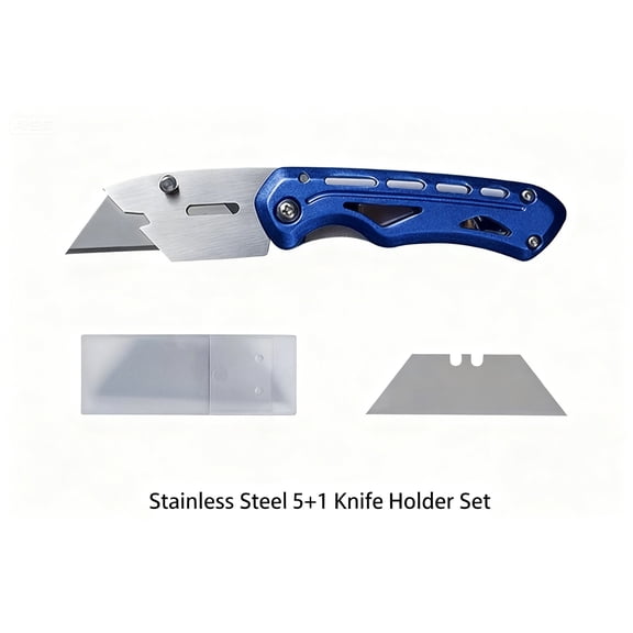 Folding Utility Knife Box Cutter Quick Change Blades, Back-lock Mechanism, Portable Belt Clip, with 5-piece Extra Blades, Blue