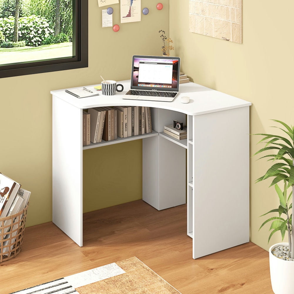 Demi Bonn Corner Computer Desk Triangle Home Office Desk with Adjustable Shelf and Arc-Shaped Profile, White