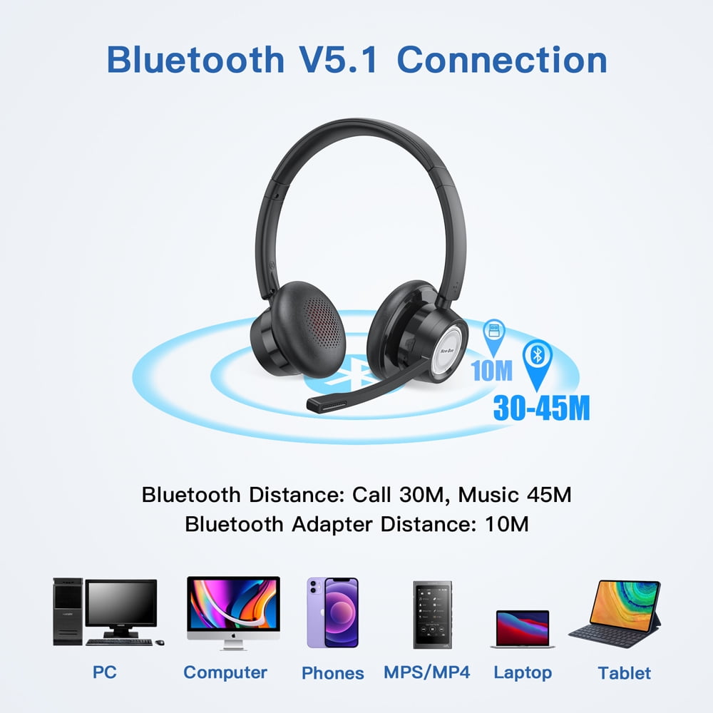 New bee Wireless Bluetooth 5.0 Headset with Noise Cancelling Mic (DSP+ENC), 270° Rotating Boom Mic HD Voice, 25H Playback/20H Talk, Mute Button, for Online Learning/Meetings/Skype