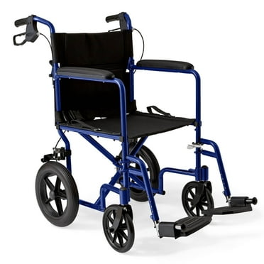 Medline Lightweight Foldable Transport Wheelchair with Handbrakes and 12" Wheels, Blue Frame