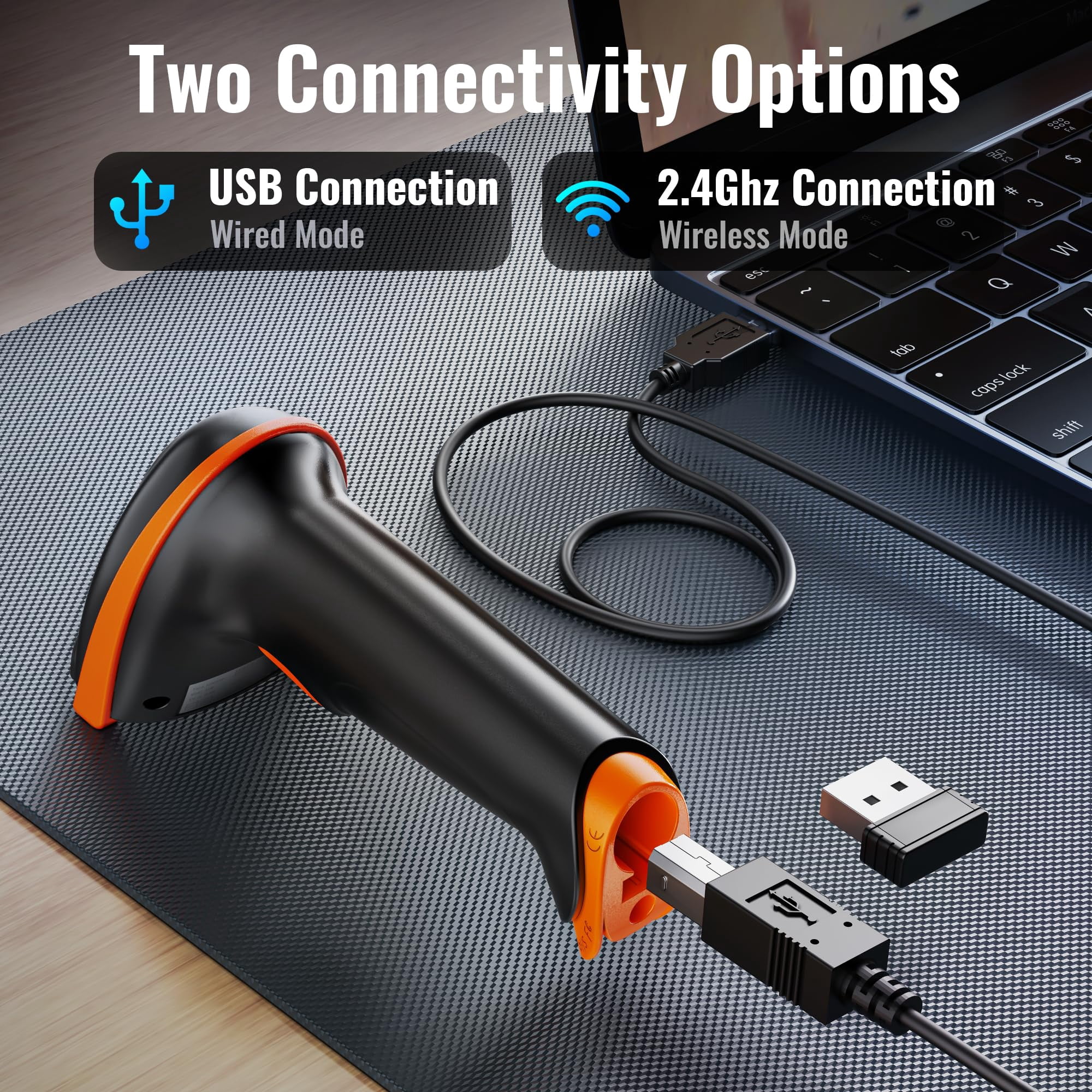Tera D5100 Wireless Barcode Scanner, Handheld 1D/2D QR Code Reader with Wired Option for Windows Mac Linux (Orange)
