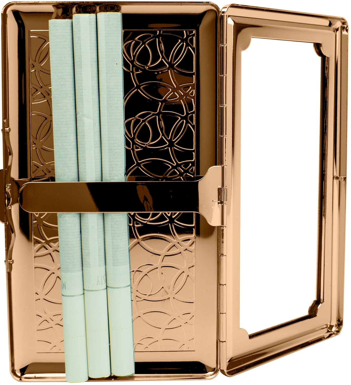 Set of 2 Metal-Plated 120s Compact Cigarette Case & Personal Mirror (Rose Gold Rings)