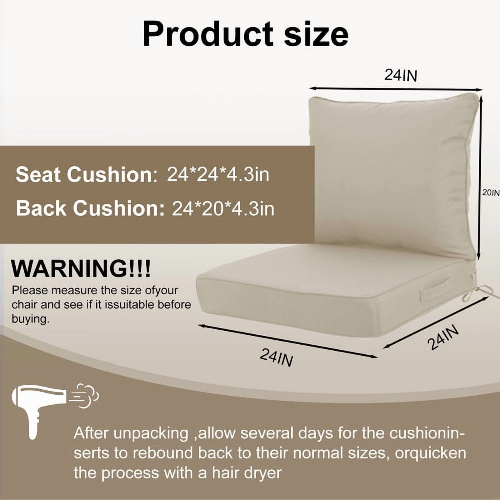 Outdoor deep seat patio cushions set, 24in x 24in, Waterproof Outdoor chair cushions, Replacement patio furniture cushions with Ties（2pc Beige）