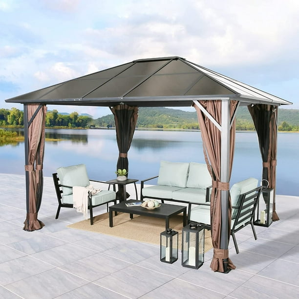 Ulax Furniture 10ft X 12ft Patio Aluminum Hardtop Gazebo With Polycarbonate Roof Dark Brown Com 12ft Patio Aluminum Hardtop Gazebo, Year Round Gazebo For Deck