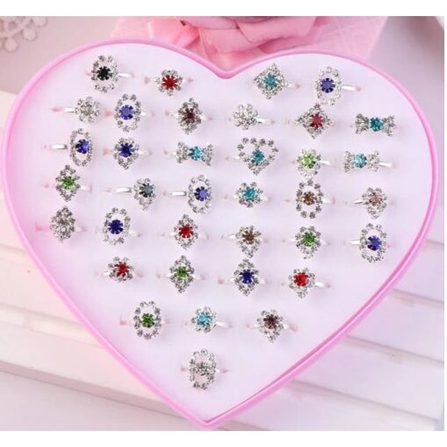 Juego de anillos para niños con diamantes de imitación y hebilla de color para niñas, bonitos anillos ajustables para bebés, paquete de 36
