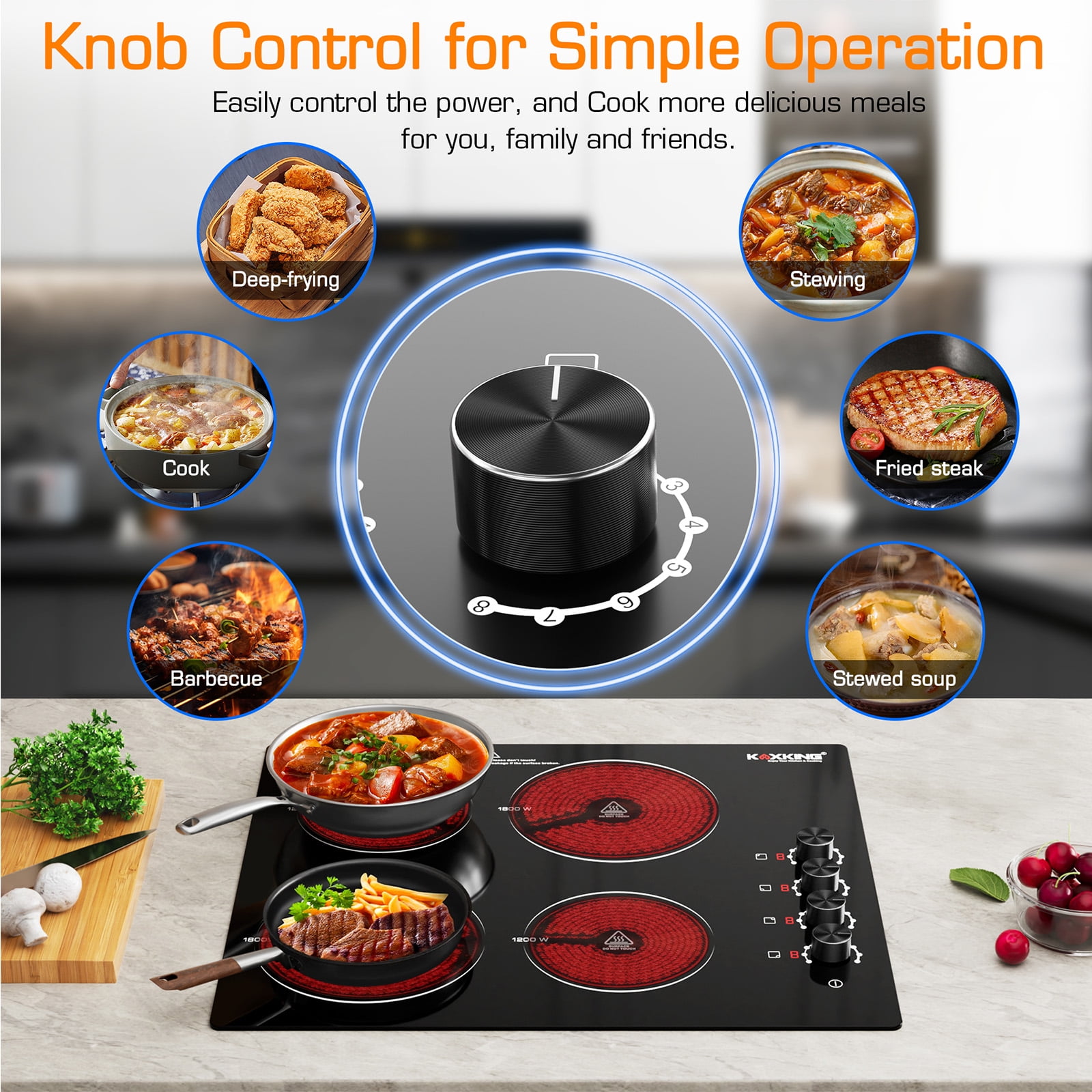 24 inch Electric Cooktop, 6000W Built-in Ceramic Stove Top with 4 Burners & Knob Control, 220-240V Drop-in Radiant Cooktop(No Plug)