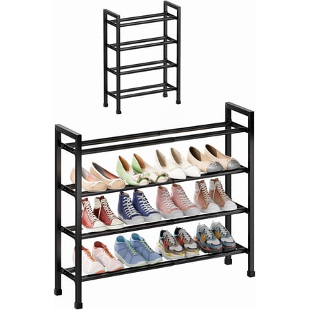 4-Tier Expandable Shoe Rack,17"-33" Adjustable Shoe Rack for Closet,Metal Shoes Shelves for Front Door Entrance, Garage & Corridor, Free Standing Shoe Holders, Easy to Assemble,Black