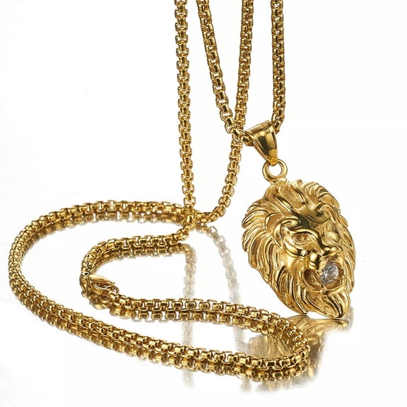 QQTDFG Fashion Cool 18K Gold Tone Men's Lion Stainless Steel Pendant Chain Necklace-default