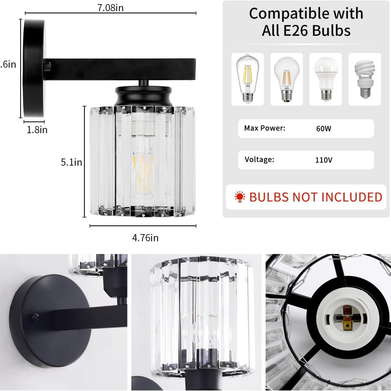 Black Wall Sconces Set of 2, Bathroom Wall Lighting Fixtures Over Mirror, Vanity Light, Modern Glass Shade Wall Lamp Black Indoor Decor for Bedroom Living Room Entryway