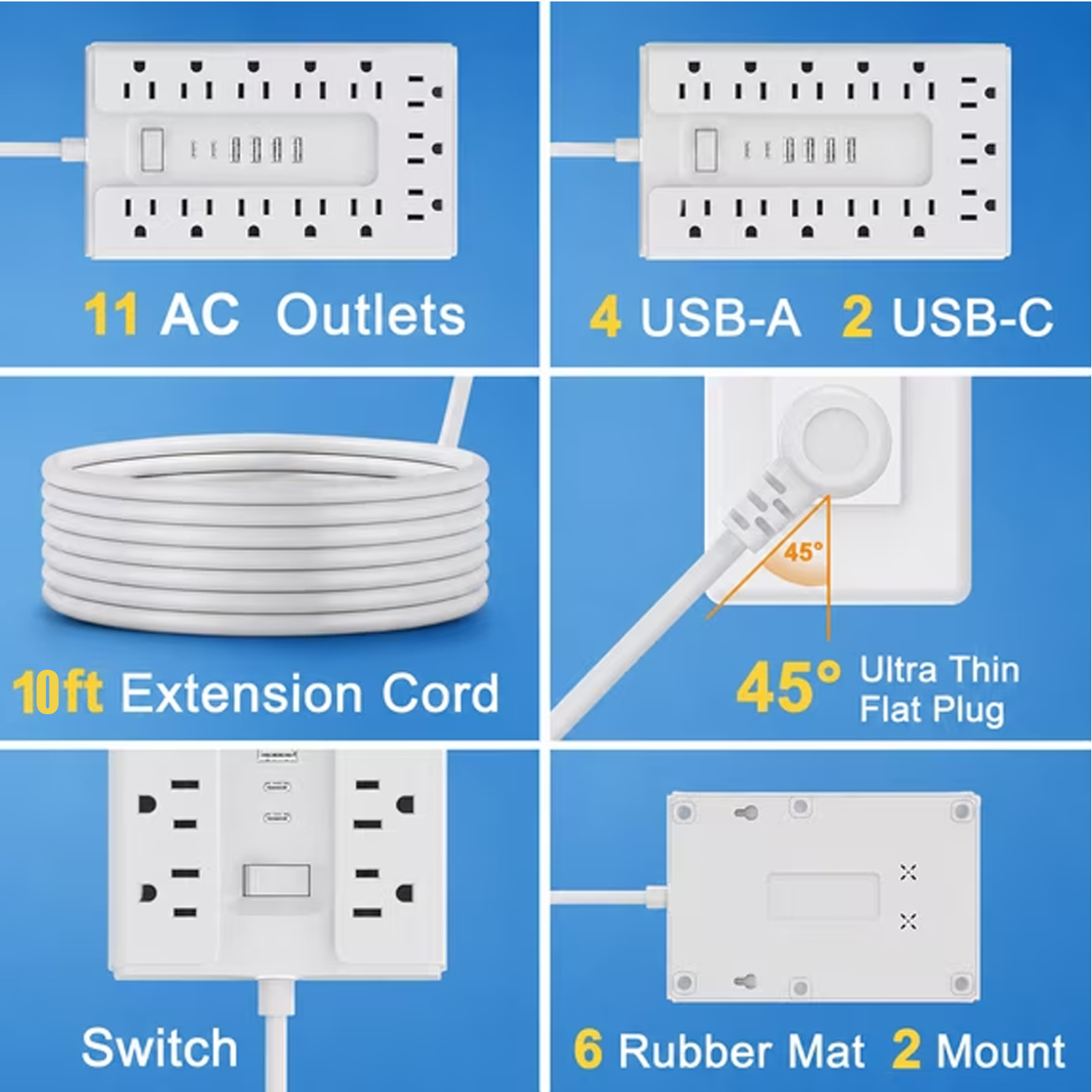 Bohashin 10ft Surge Protector Power Strip with 11 Outlets & USB photo 7