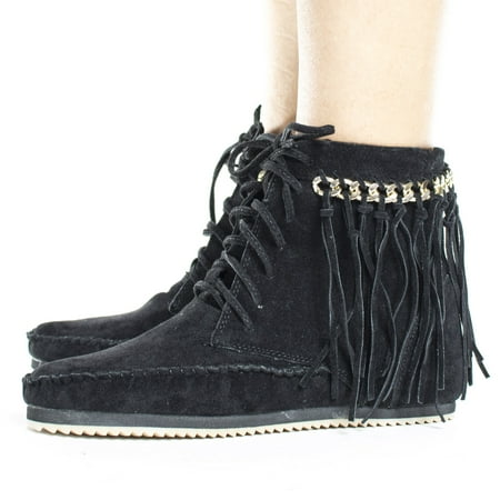 - Indy01 by Bamboo, Fringe & Gold Chain Lace Up Women's Moccasin Boots
