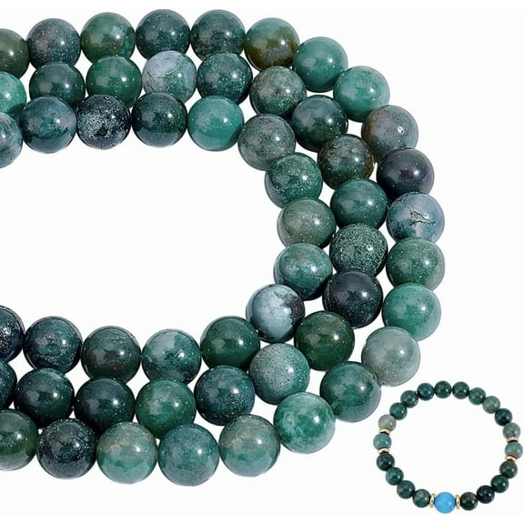 144pcs Green Moss Agate Beads 8mm Natural Gemstone Beads Round Loose Beads Smooth Gemstones Spacer Beads for Necklaces Bracelets Earring Jewelry Making DIY Craft 3 Strands