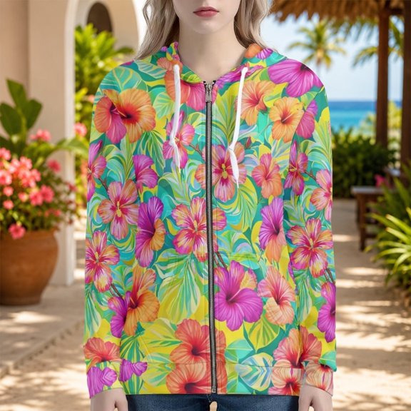 Women's Casual Print Zip Up Hoodie, Long Sleeve Lightweight Pullover Jacket with Pockets