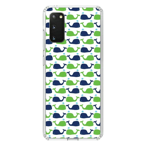 DistinctInk Clear Shockproof Hybrid Case for Galaxy S20 ULTRA / 5G (6.9" Screen) - TPU Bumper, Acrylic Back, Tempered Glass Screen Protector - Green Navy Cartoon Whales - Cartoon Whales