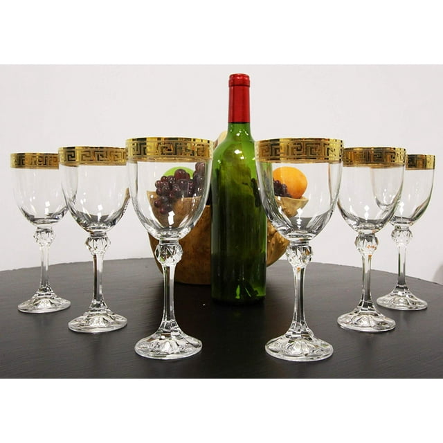 Ebros Set of 6 Italian Wine Glasses Gold Plated Greek Key Border Rim & Stem Base
