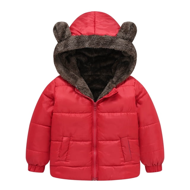 Vestes pour Filles Hiver Oreilles d'Ours à Capuche Réversibles Épaisses Coupe-Vent Fermeture Éclair Chaudes Rouges Hauts d'Automne pour Filles, T-Shirts et Blouses, 3-4 Ans