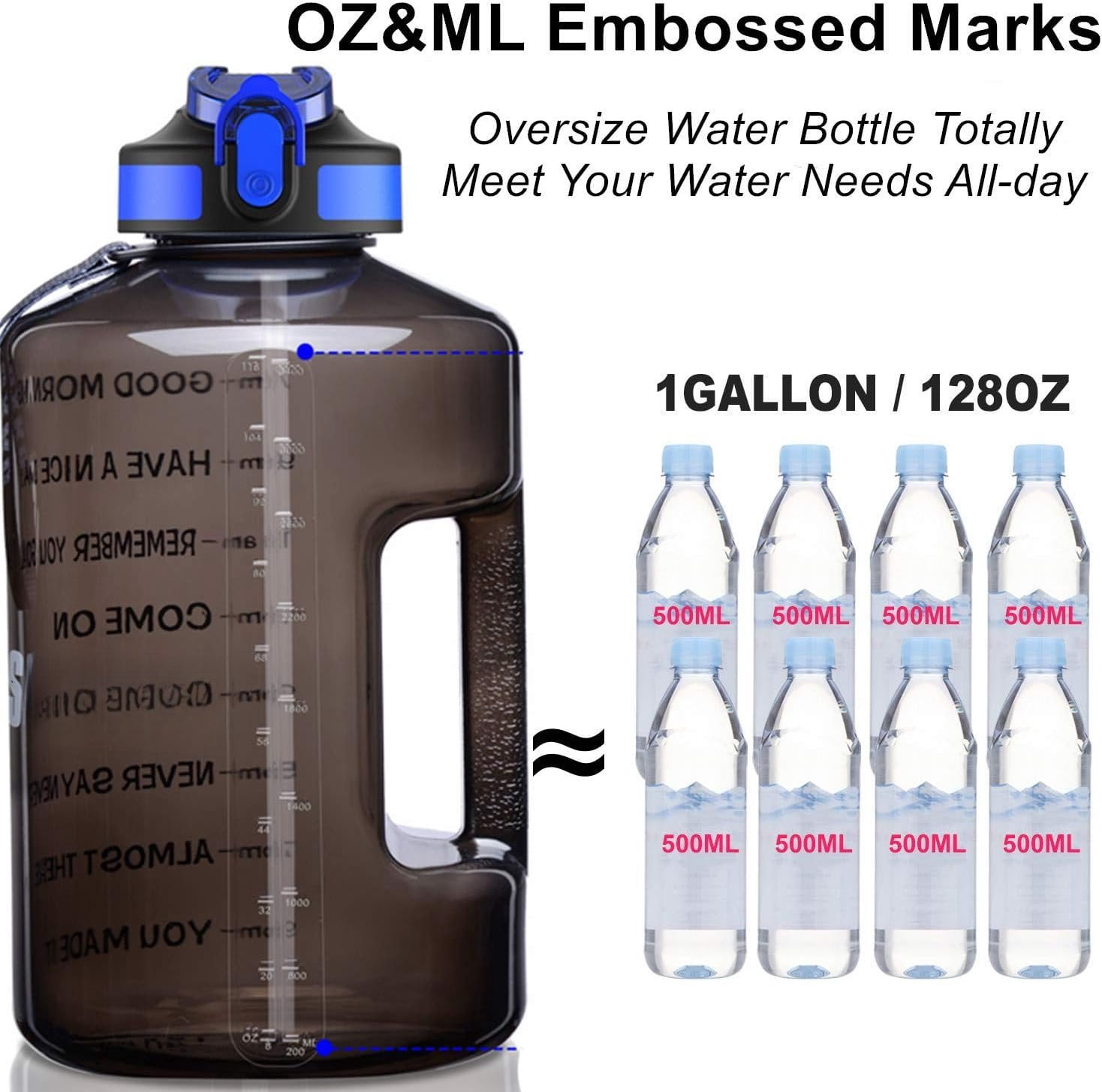 1 Gallon Motivational  Water Bottle with Time Marker,  128oz Leak Proof Jug, Black, Plastic, 128 ounces, Fitness, , Outdoor Activities