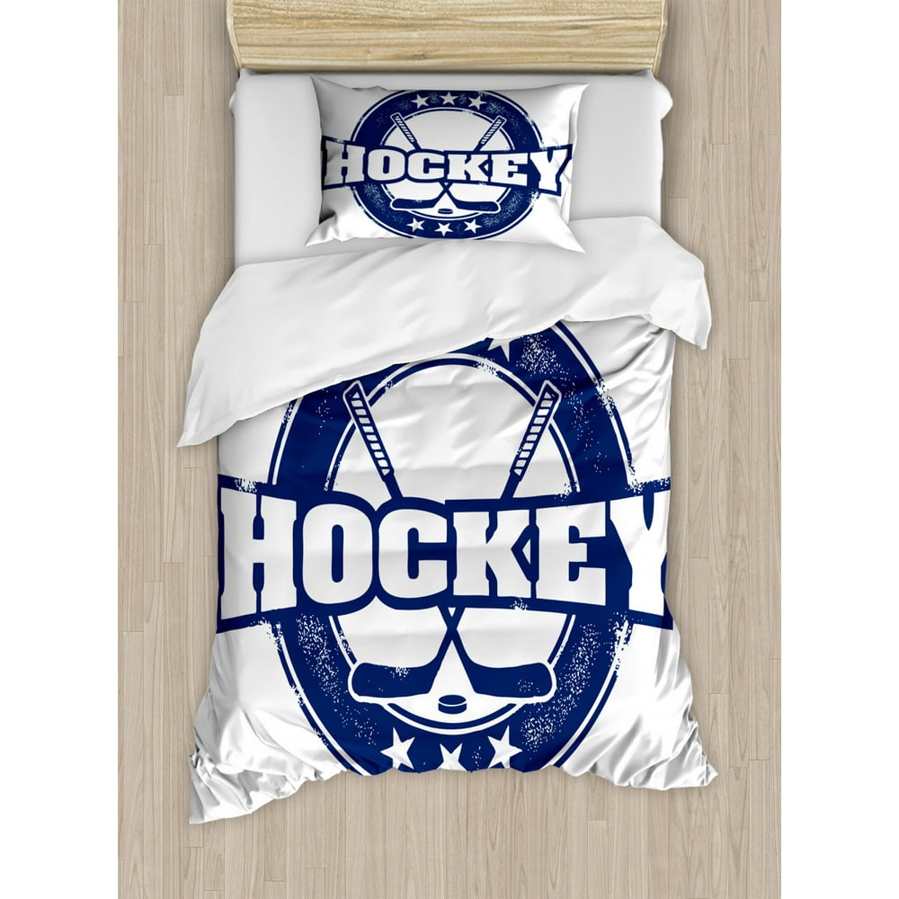 Hockey Duvet Cover Set Twin Size, Weathered Looking Vintage Stamp