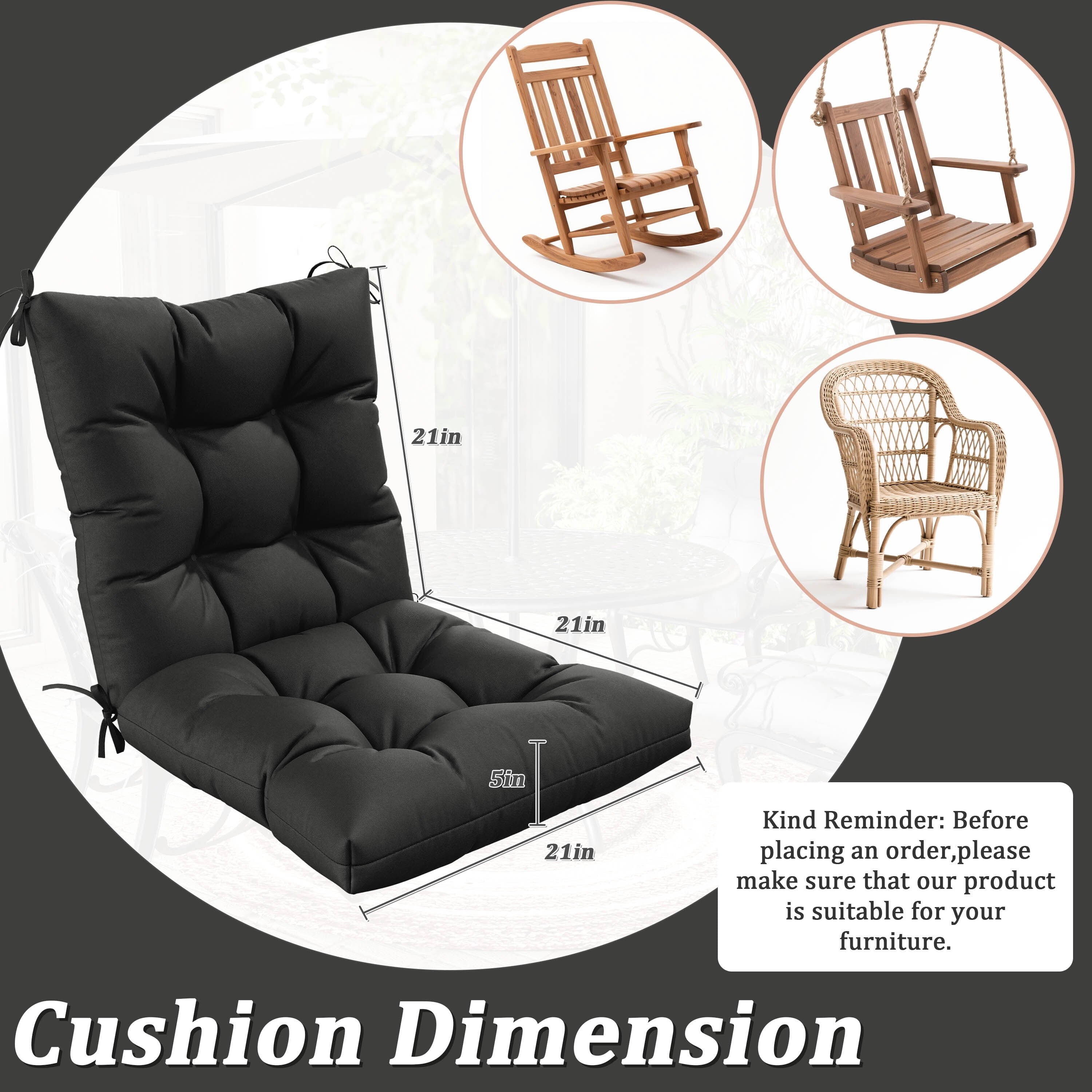 Pakunoda Chairs Cushions 42" X 21" Tufted Non Slip Pad Seat and Seatback 2 Set Cushion with Ties for Patio Outdoor & Indoor Rocking Chair, Black