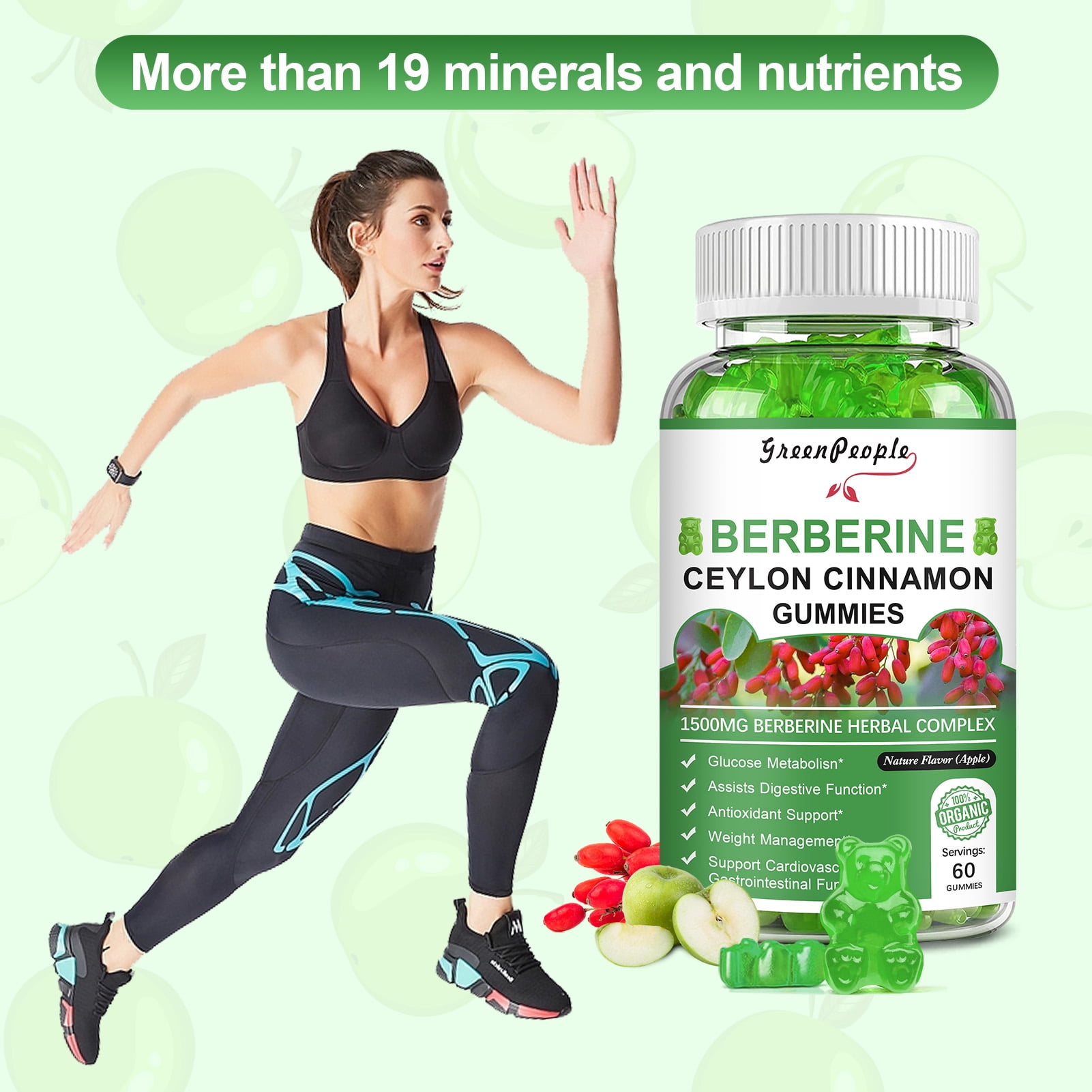 (1Pack)Berberine Gummies 1500mg with Ceylon Cinnamon - Sugar Free Berberine Supplement - for Immune Support & Brain Function - 60 Apple Gummies