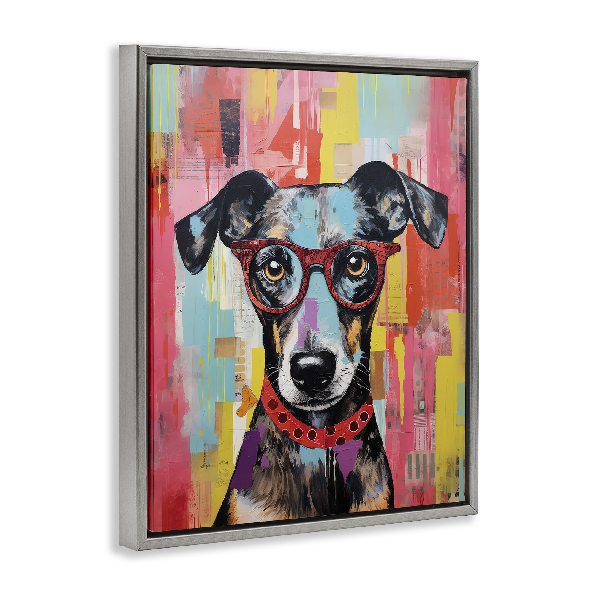 Stupell Industries Quirky Spectacle Dog Animals Painting Gray Floater Framed Canvas Art Print Wall Art, 25 x 31