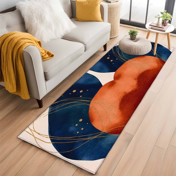 2'x6' Rug Runners for Hallways Kitchen, Navy Blue Burnt Orange Non Slip Entryway Beside Floor Carpet Runner, Boho Artwork Geometric Modern Washable Laundry Room Bedroom Throw Rugs Mat for Family Pet