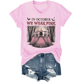 thumbnail image 3 of in October We Wear Pink Shirt V Neck Witch Spooky Season Halloween T-Shirt Women Graphic Tees, 3 of 3
