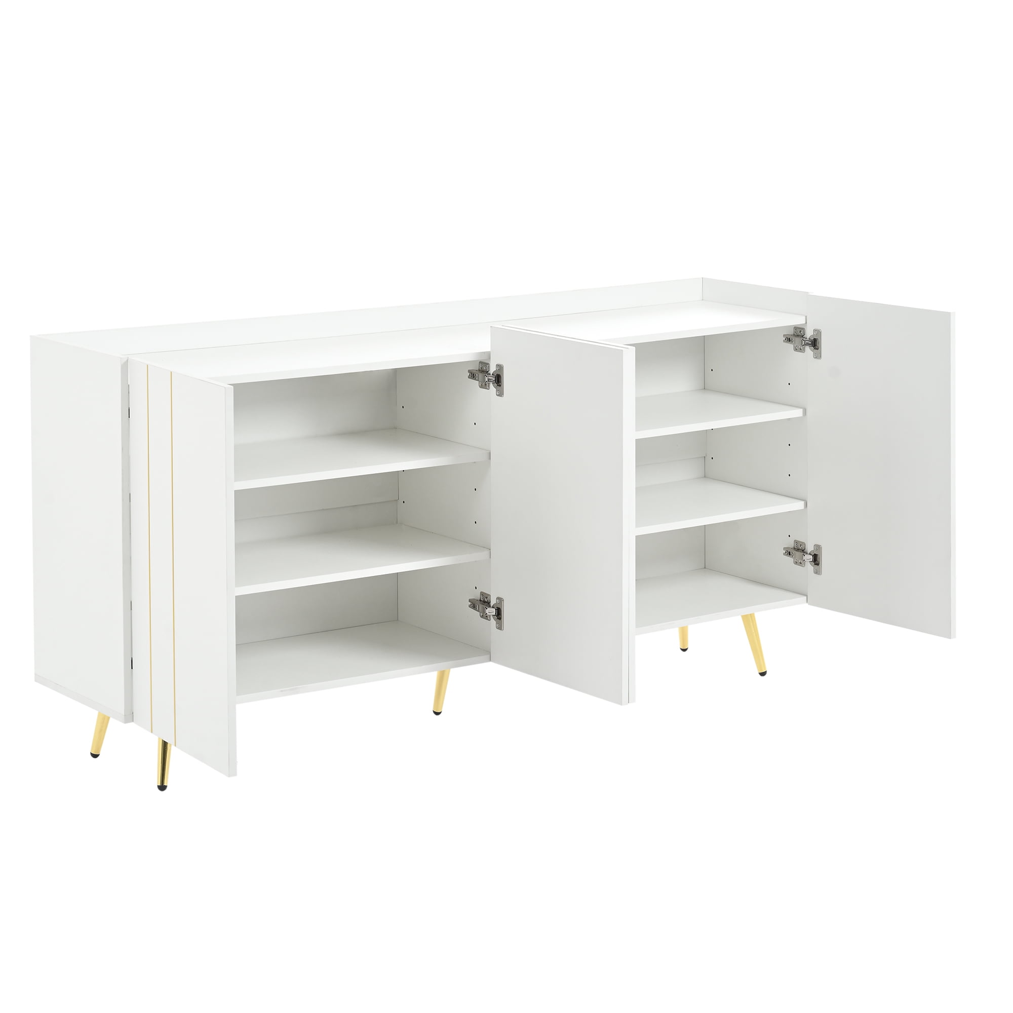 MAYEERTY Luxurious Shoe Cabinet with 5 Metal Legs, Modern TV Stand with 4 Adjustable Shelves for TVs Up to 70", Minimalist Sideboard Cabinet with Gold Lines Doors for Living Room,62.9"x 31.4",White