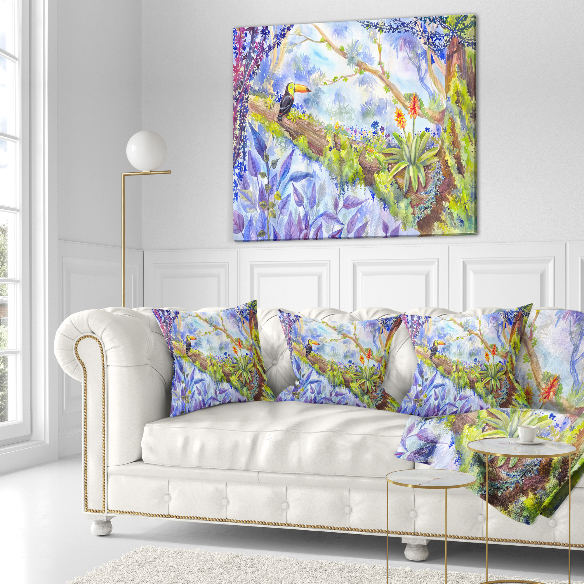 Designart Jungle with Bird Toucan on Tree - Landscape Printed Throw Pillow - 16x16