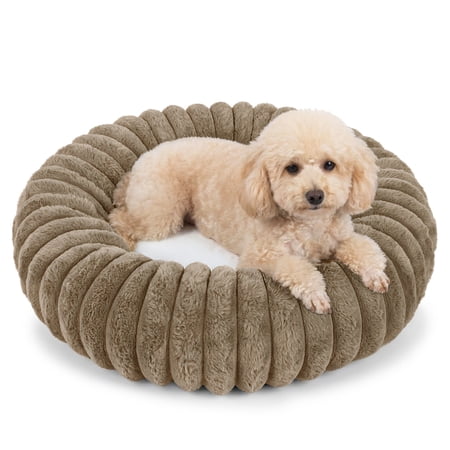 Exclusivo Mezcla Calming Donut Dog Bed with Non-Slip Bottom 24 inches Cozy Fluffy Faux Rabbit Fur Round Pet Bed for Small Dogs Khaki