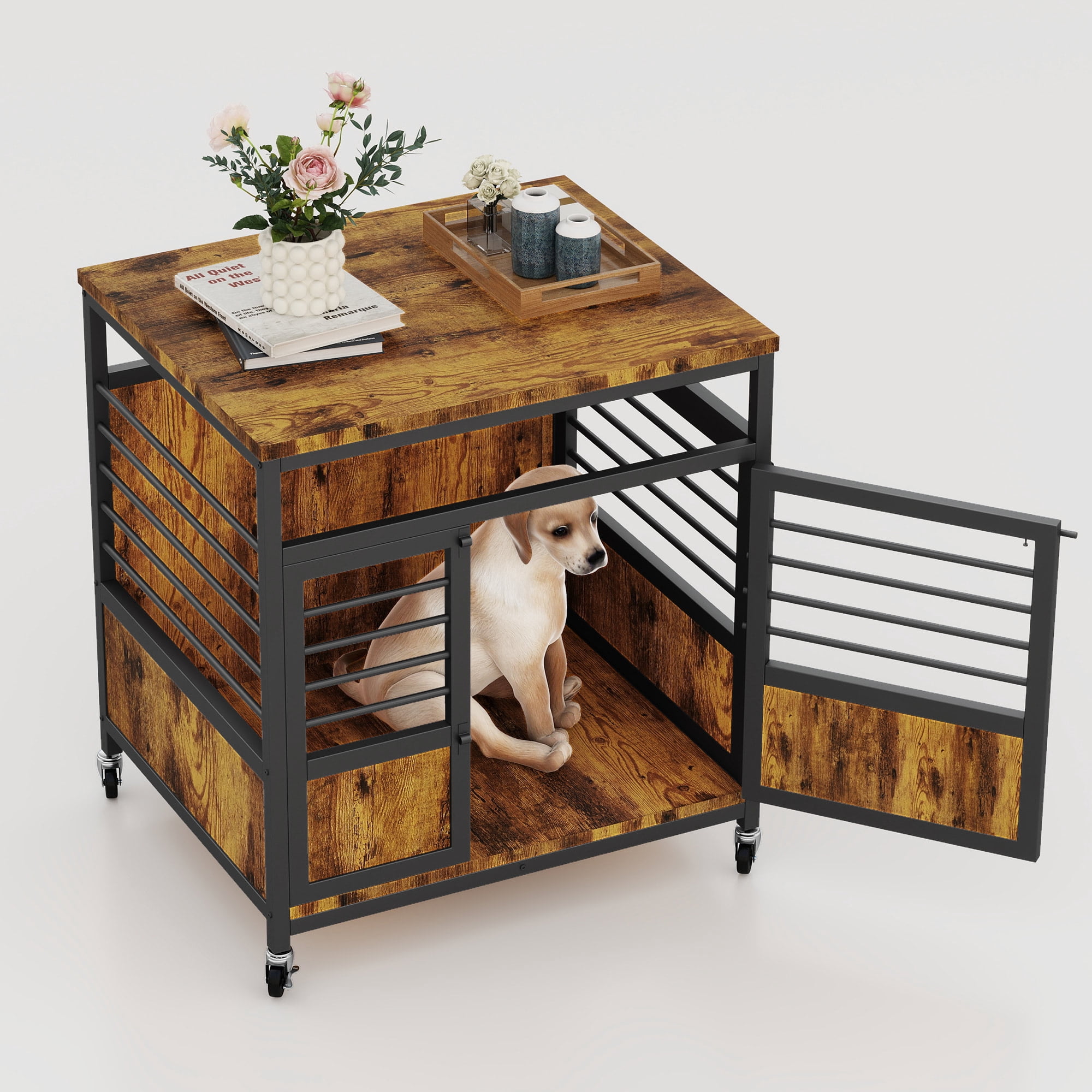Uforic 24 Inch Dog Crate Furniture with Wheels,Wooden Dog Kennel for Dogs - Rustic Brown