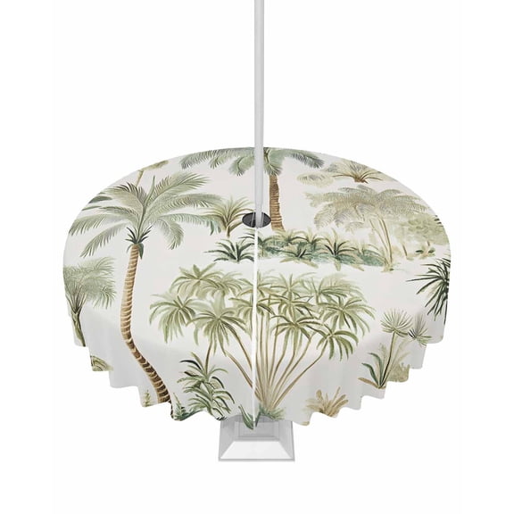 Fsddascl Green Palm Tree Outdoor Tablecloth - 54 Inch Round Dining Table Cover, Summer Tropical Botanical Waterproof Outdoor Table Cloth with Umbrella Hole & Zipper for Picnic/Patio/Party