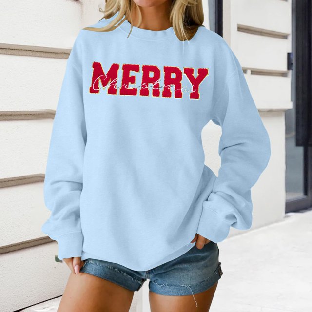 Chandails d'Automne pour Femmes Chic Joyeux Noël Chandails pour Femmes Joyeux et Chandail à Lettres Imprimées Chandails à Enfiler Hauts Décontractés Chandails à Col Rond