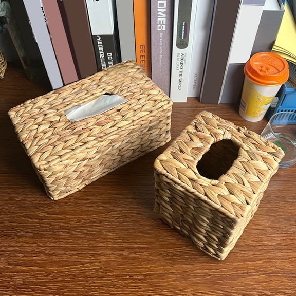 sunsanly Tissue Box Holder Water Hyacinth Handwoven Straw Basket Natural Wicker Napkin Dispenser Square Facial Tissue Organizer Rustic Decor for Table Bathroom Office