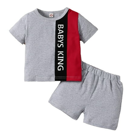 

Kucnuzki 18 Months Baby Boy Summer Outfits Shorts Sets 24 Months Short Sleeve BABYS KING Letter Contrast Color Prints Cozy Tops Elastic Cozy Ripped Denim Shorts 2PCS Set Gray
