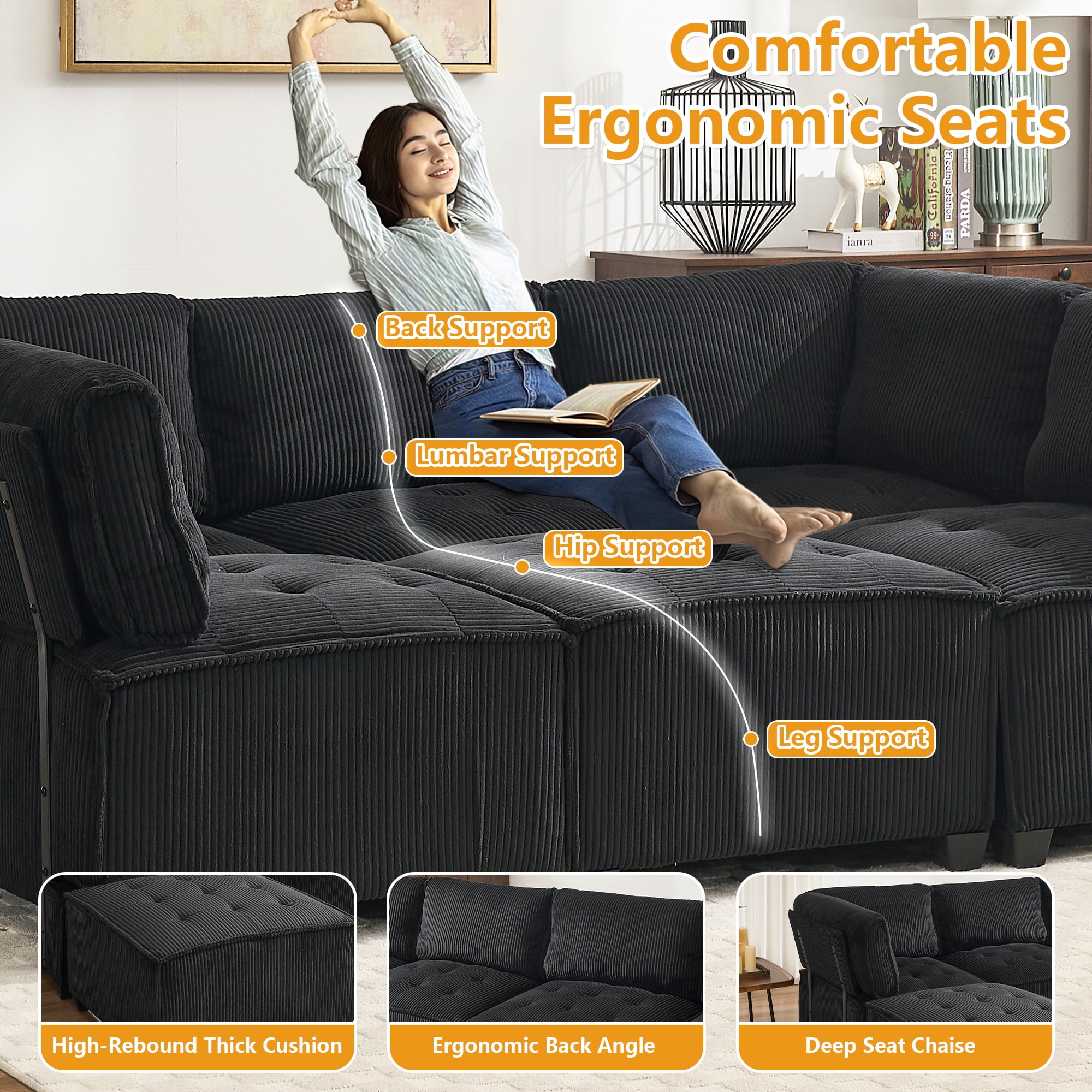 MOONMISS U-Shaped Corduroy Upholstered 6-Seat Convertible Modular Sectional Sofa Fit for Living Room-Black