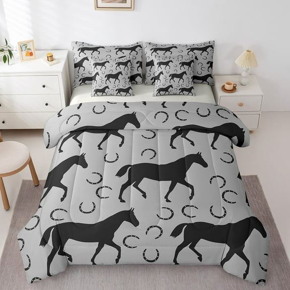 Erosebridal Horse Silhouette Bedding Sets Twin Size,Farm Horseshoes Comforter Sets with Sheets,Rustic Farmhouse Cabin Bed in a Bag Twin Size,Lightweight Bedroom Decoration Reversible,7-Piece