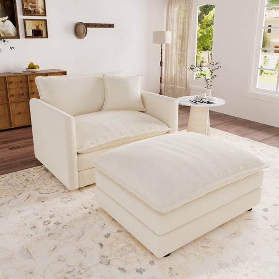 Muumblus Oversized Lounge Chair with Ottoman, Plush Cloud Accent Armchair for Living Room, Beige Chenille