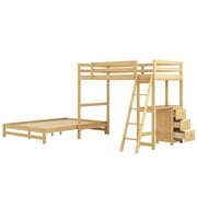 EUROCO Twin over Full Bunk Bed with Desk and Drawers, Natural