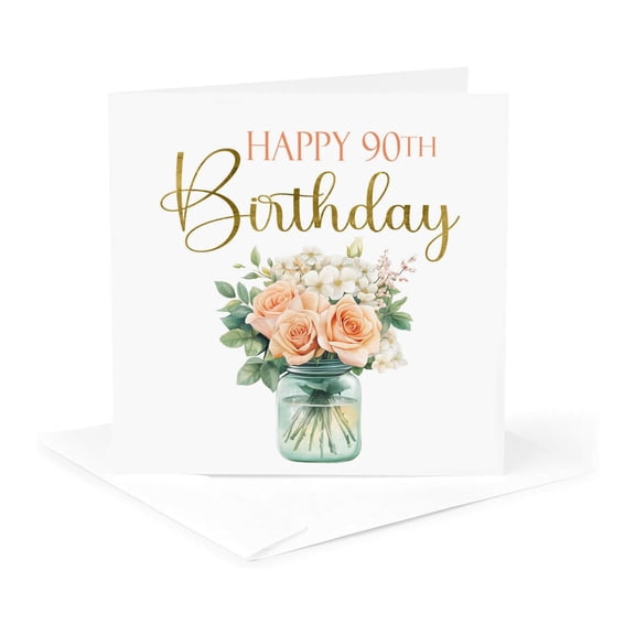 3drose, Pretty Jar of Peach Roses Happy 90th Birthday, 1 Greeting Card with Envelope