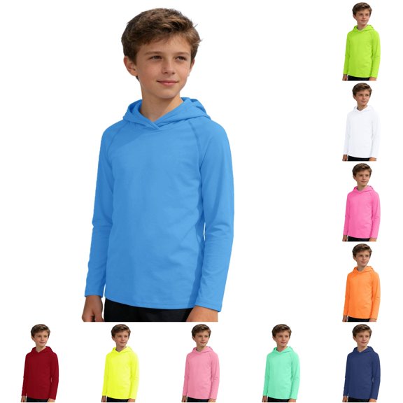 WAYUTE Boys Hooded T Shirts Raglan Long Sleeve Sun Protection Lightweight Solid Color Kids Sports Athletic Shirts Casual Outdoor,Blue,Size 9-10 Y