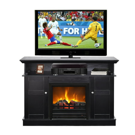 Gymax Fireplace TV Stand Wood Storage Media TV Console Living Room Electric (Best Electric Fireplace Heater Tv Stand)