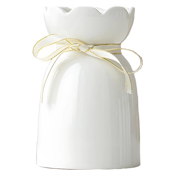 Large White Ceramic Vase with Bow, 7.9 in / 20 cm Decorative Flower Vase, Modern INS Style Home Living Room Table Centerpiece Decor Vase, Unique Petal Mouth, Striped Texture, Women Girl Gifts Vase