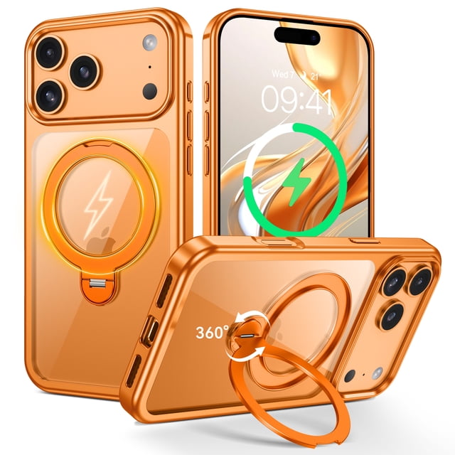 VENINGO Magnetic for iPhone 17 Pro Case with 360 ° Rotatable Stand Compatible with Mag-safe,Clear Shock Resistant Slip Resistant Case for iPhone 17 Pro 6.3", Orange