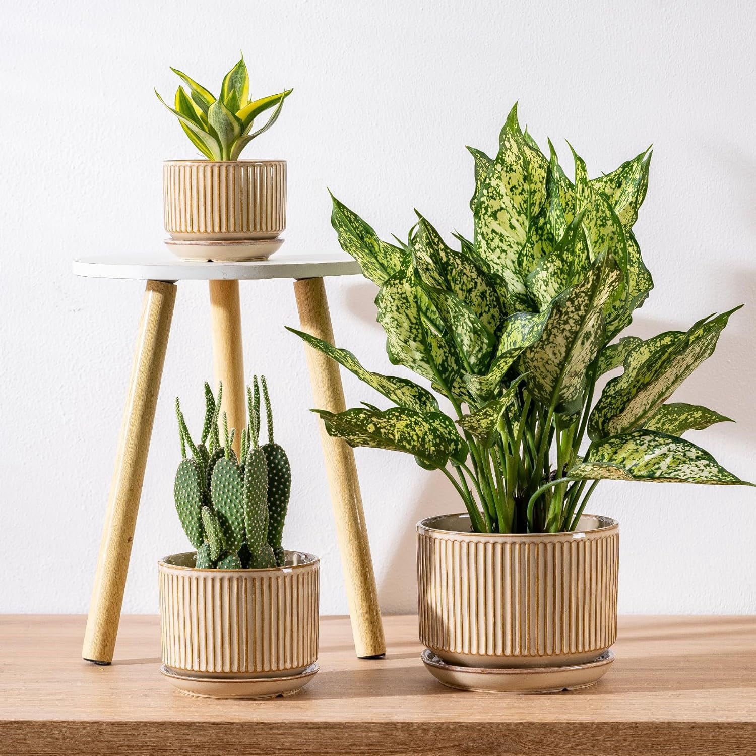 Set of 3 Speckle Gray Ceramic Plant Pots, 4.3+5.5+6.7 Inch with Drainage Hole, Saucer & Hole Pads, Striped Decorative Planter for Indoor Plants and Gardening
