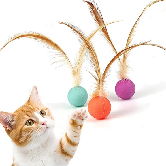 3 PCS Bouncy Tails Cat Toys, Durable Daily Play Material, Keep Cats Active, Natural Feather Attraction, Cat Teaser Ball for all Cats