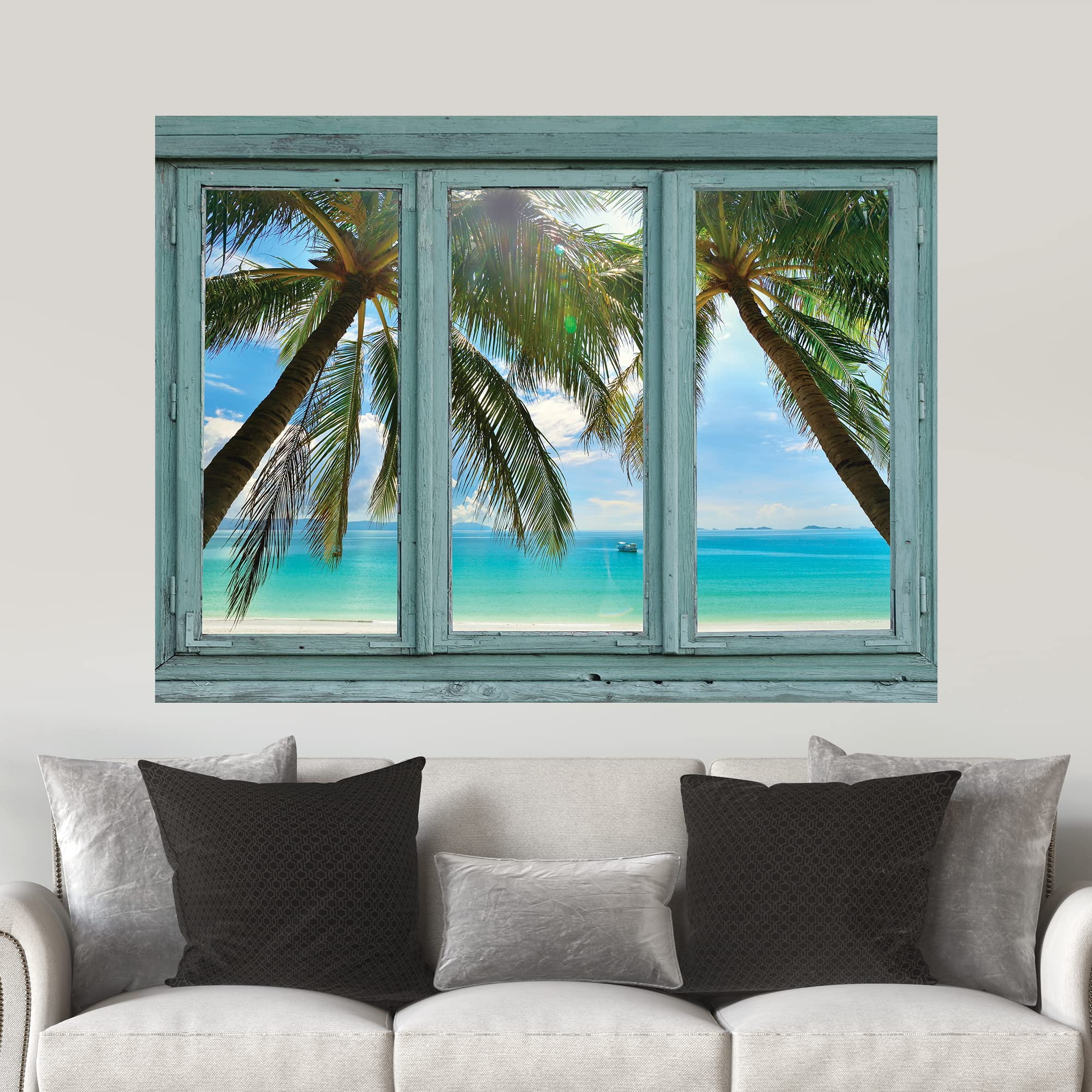 wall26 - Crystal Blue Waters Framed by Palm Trees on a Perfect White Sand Beach - Wall Mural, Removable Sticker, Home Decor - 24x32 inches