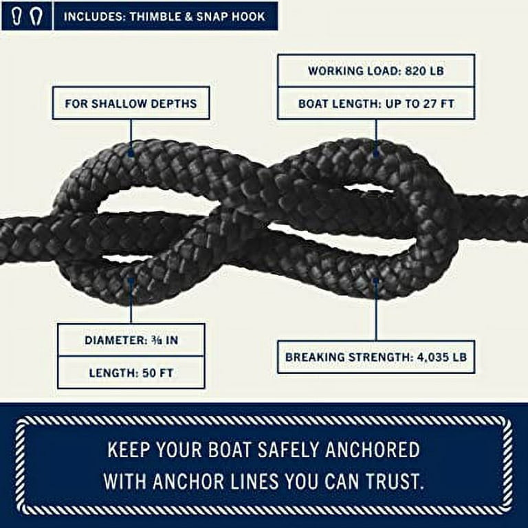 Rainier Supply Co - 50' x 3/8 Double Braided Nylon Anchor Rope with 316SS  Thimble and Snap Hook - Black 